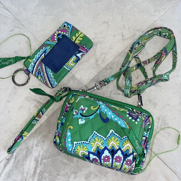 2‎ set Vera Bradley Emerald Paisley Pattern All-In-One Crossbody Matching wallet - Picture 1 of 9